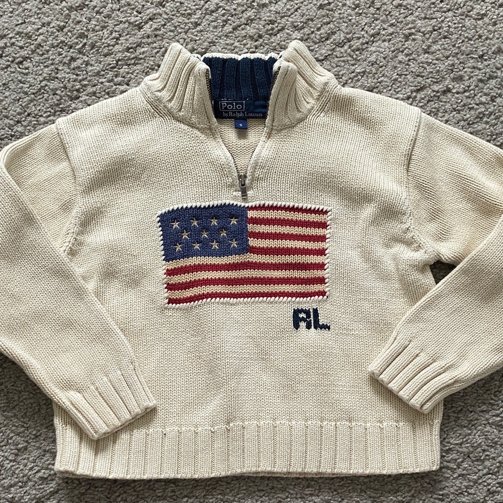 Polo by Ralph Lauren Cream Half-Zip Sweater with Flag Motif